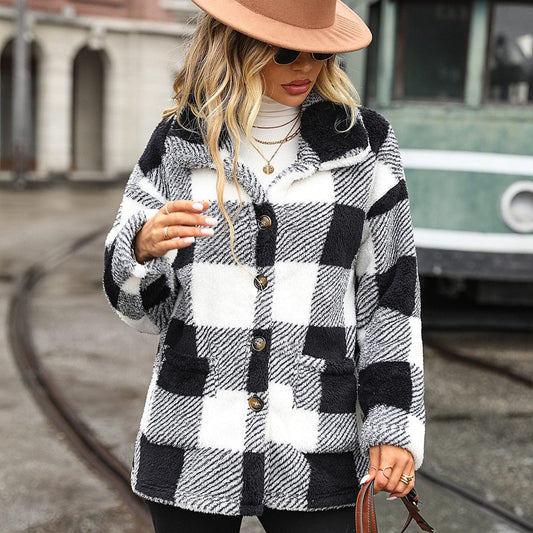 Melisande Boxy Coat in Check Fluffy Borg