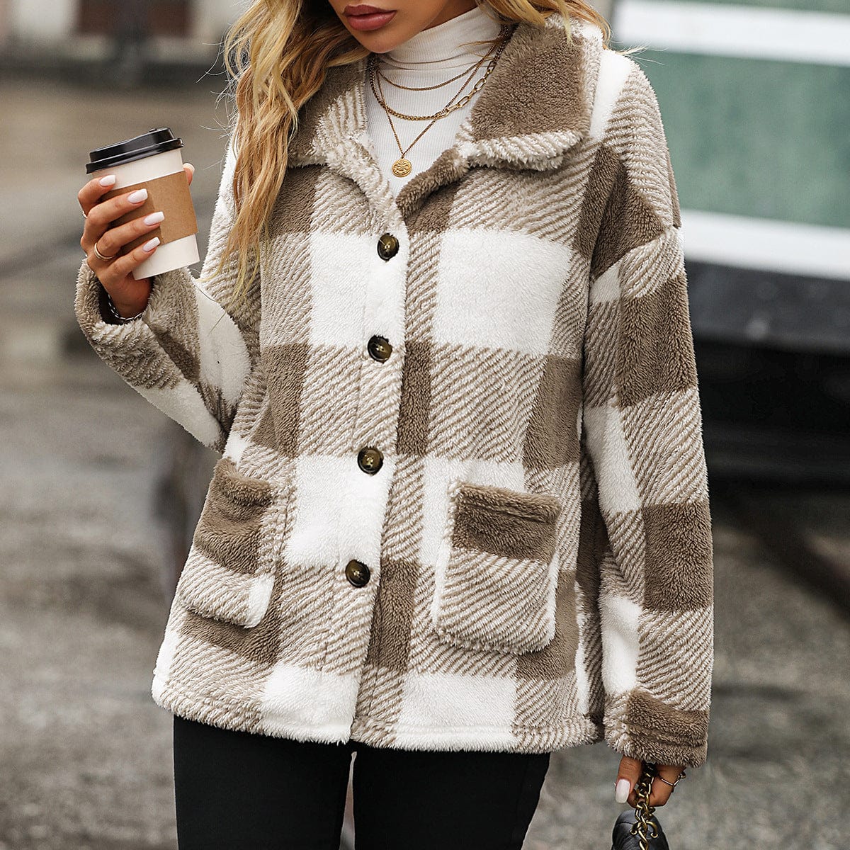 Melisande Boxy Coat in Check Fluffy Borg