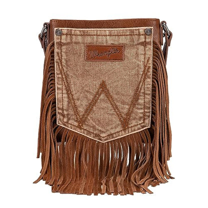 Wrangler Leather Fringe Jean Denim Pocket Crossbody