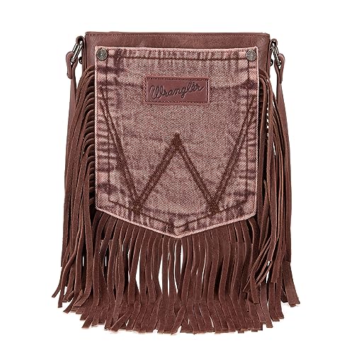 Wrangler Leather Fringe Jean Denim Pocket Crossbody