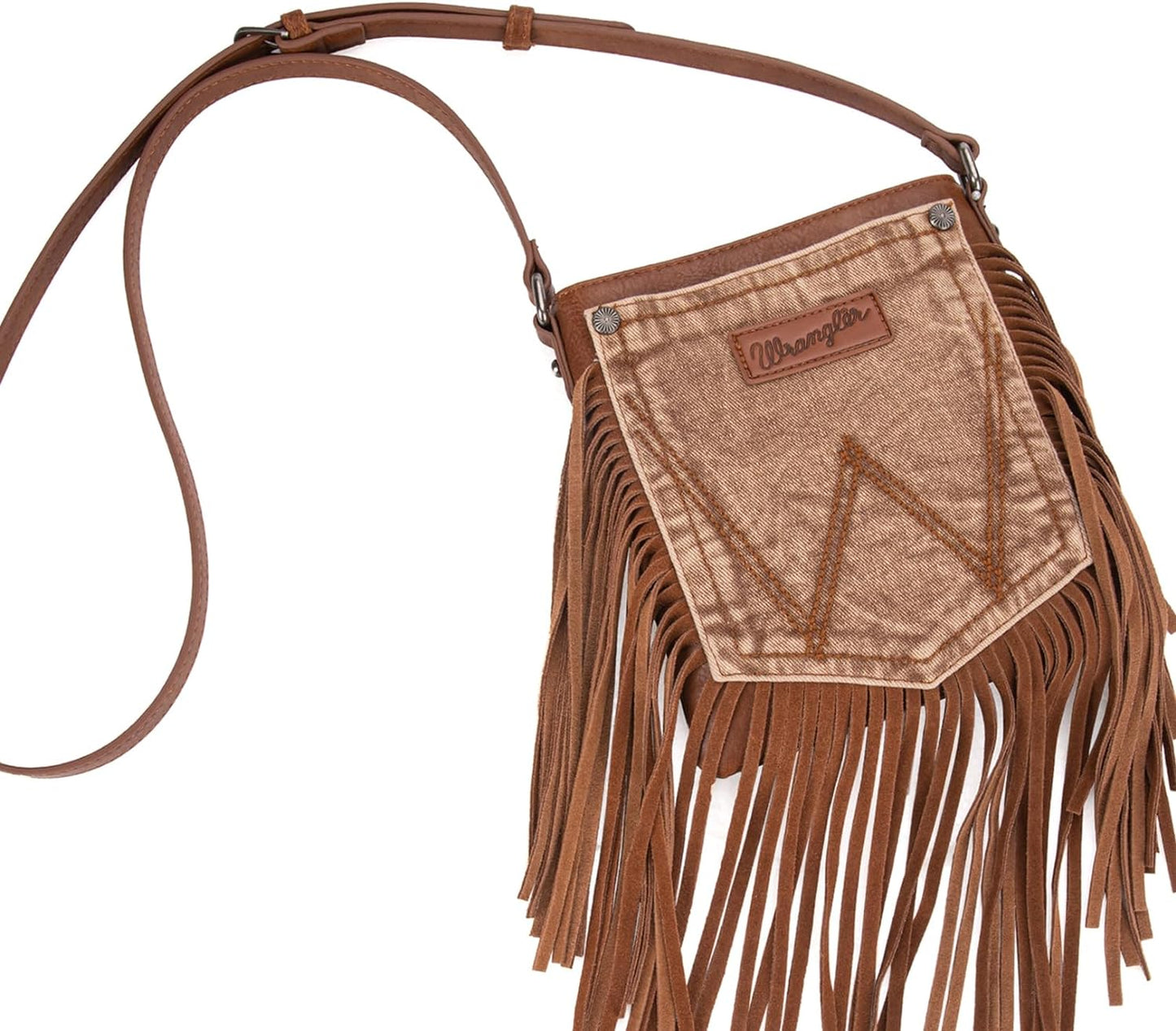 Wrangler Leather Fringe Jean Denim Pocket Crossbody