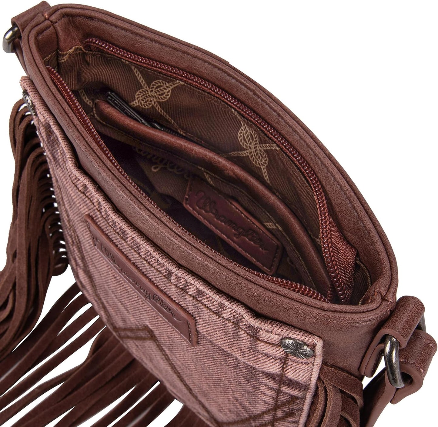 Wrangler Leather Fringe Jean Denim Pocket Crossbody