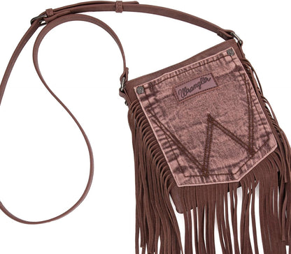 Wrangler Leather Fringe Jean Denim Pocket Crossbody