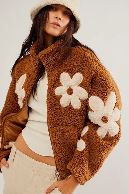 Zipper Lapel Plush Flower Jacket