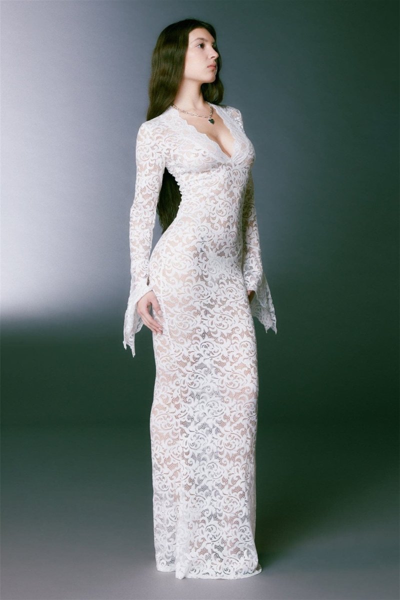 V-Neck Long Sleeve Slim Lace Maxi Dress