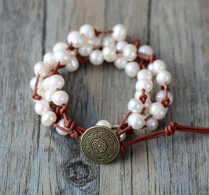 Natural Genuine Freshwater White Pearl Leather Wrap Bracelet