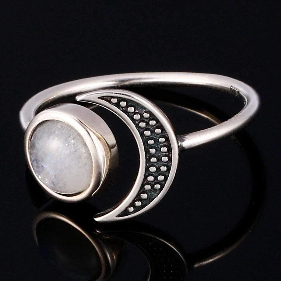 925 Sterling Silver Moonstone Moon Ring