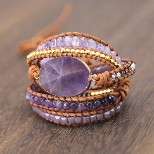 Handmade Faceted Amethyst Leather Wrap Bracelet