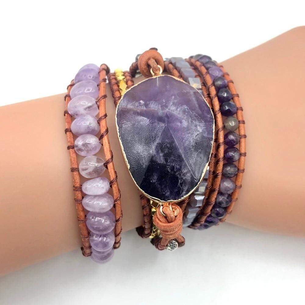 Handmade Faceted Amethyst Leather Wrap Bracelet