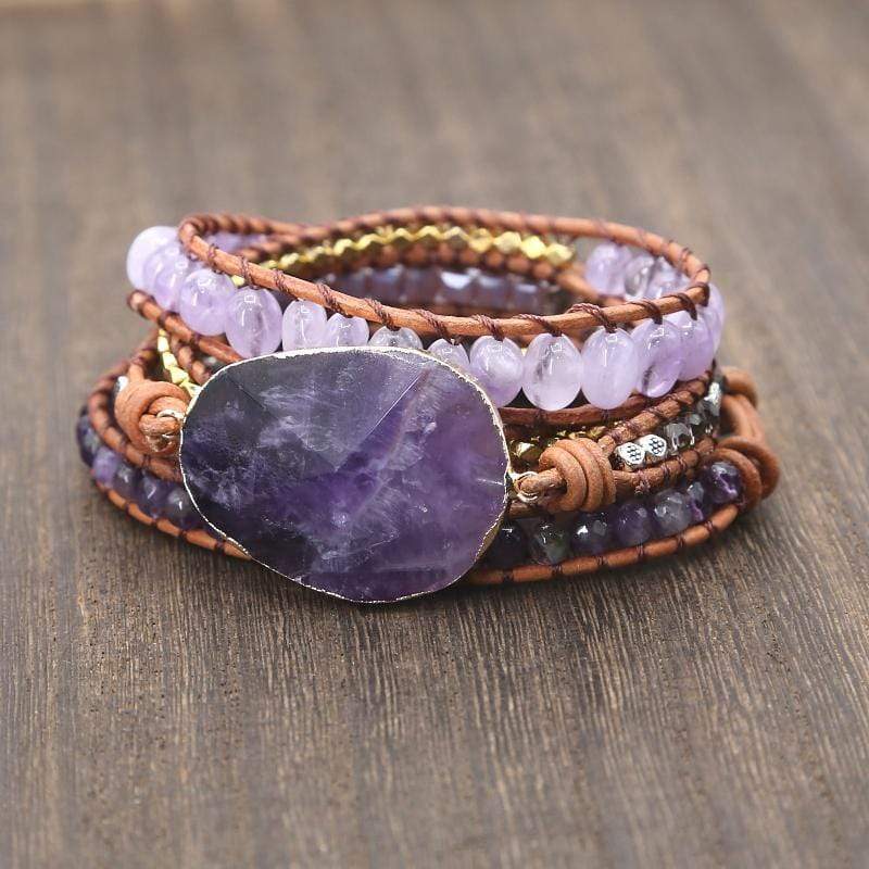 Handmade Faceted Amethyst Leather Wrap Bracelet