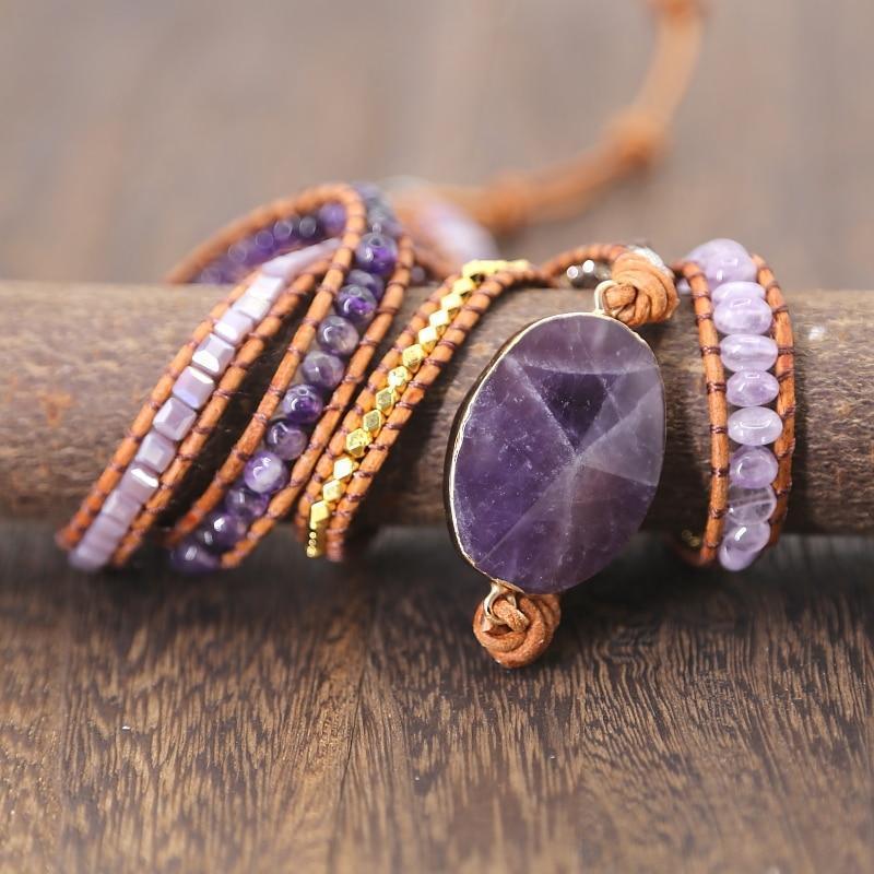 Handmade Faceted Amethyst Leather Wrap Bracelet