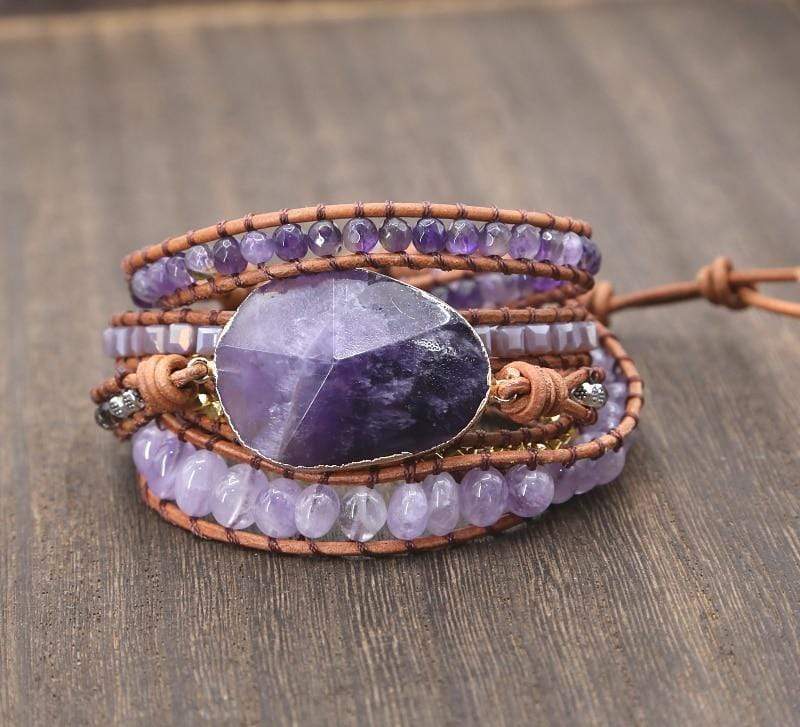 Handmade Faceted Amethyst Leather Wrap Bracelet