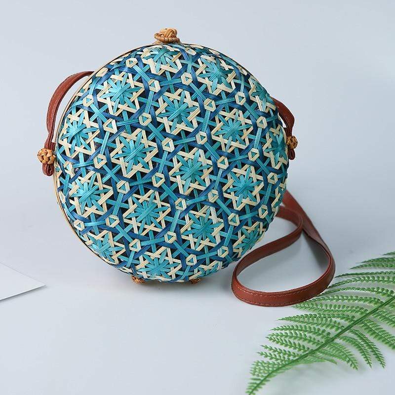 Round Colorful Flower Pattern Rattan Bag