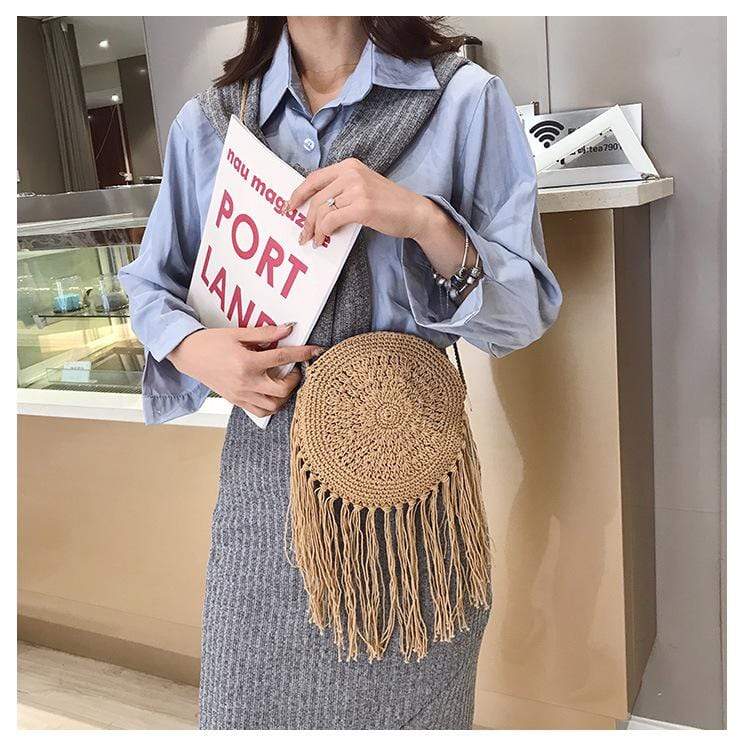 Bohemian Straw and Tassels Crossbody Bag