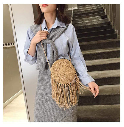 Bohemian Straw and Tassels Crossbody Bag