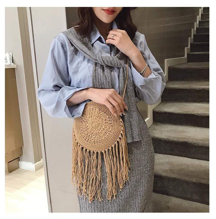 Bohemian Straw and Tassels Crossbody Bag