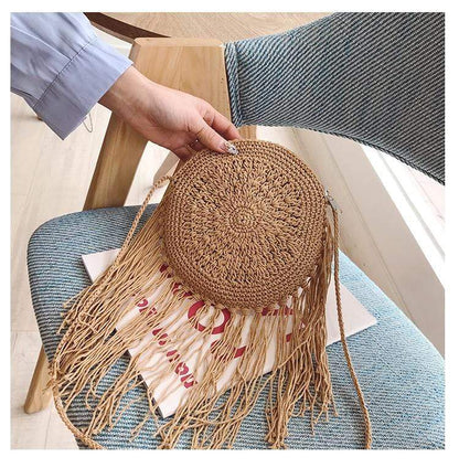 Bohemian Straw and Tassels Crossbody Bag