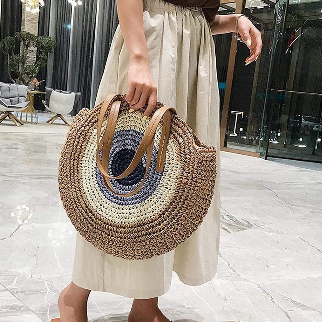 Bohemian Straw Bag with Faux Leather Straps