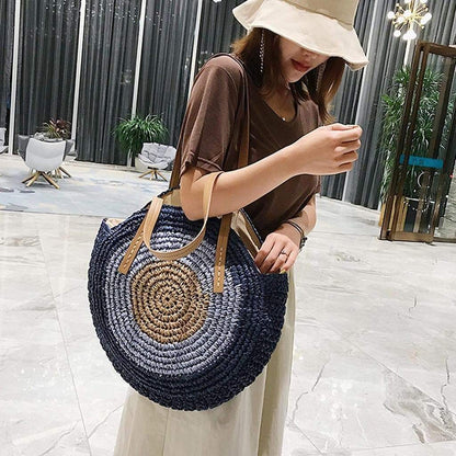 Bohemian Straw Bag with Faux Leather Straps