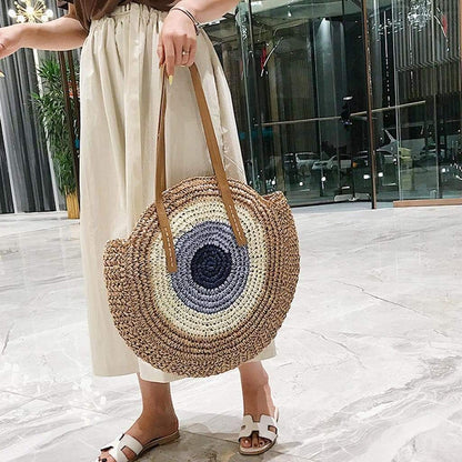 Bohemian Straw Bag with Faux Leather Straps