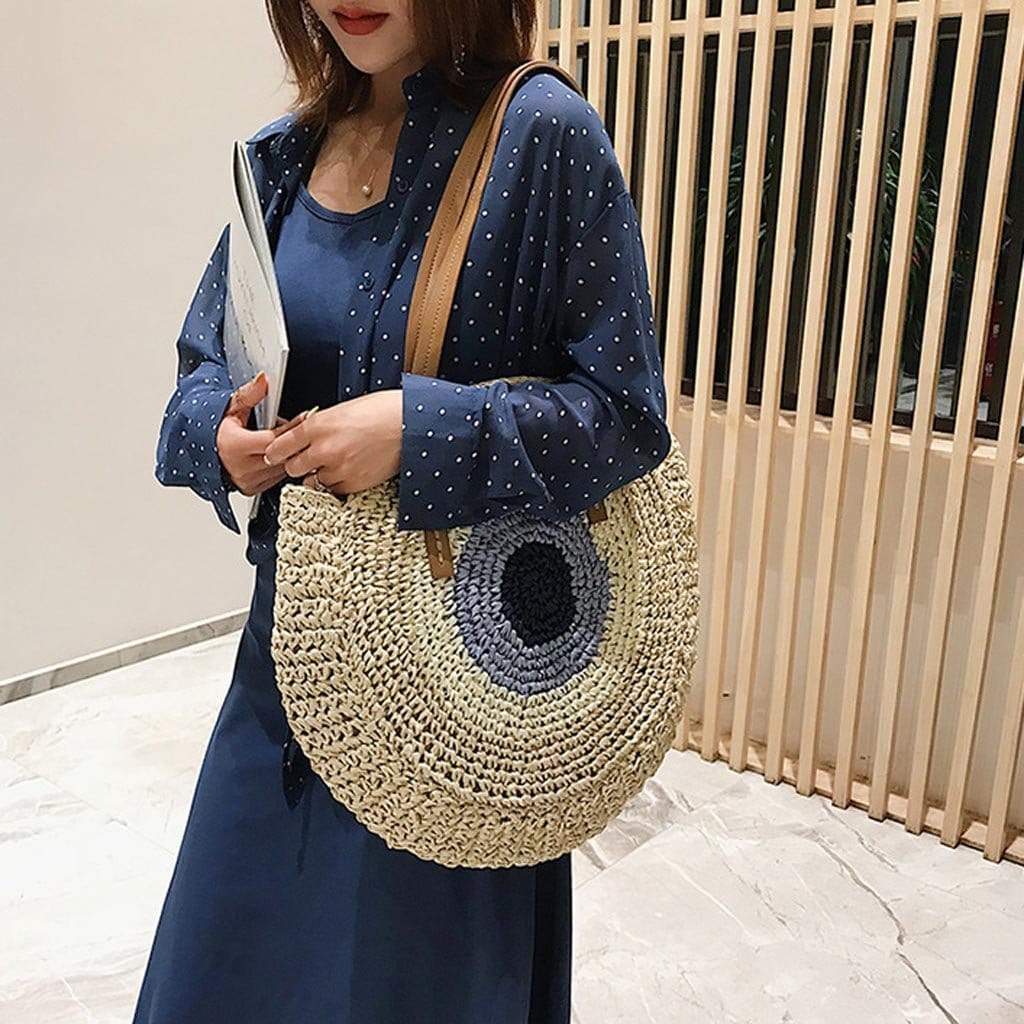 Bohemian Straw Bag with Faux Leather Straps