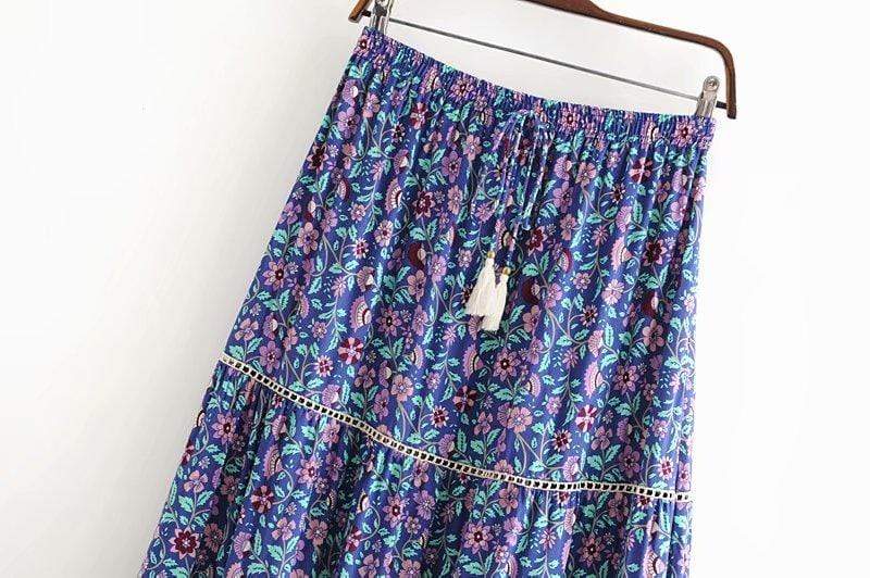 Boho Floral Print Midi Skirt