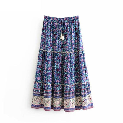 Boho Floral Print Midi Skirt