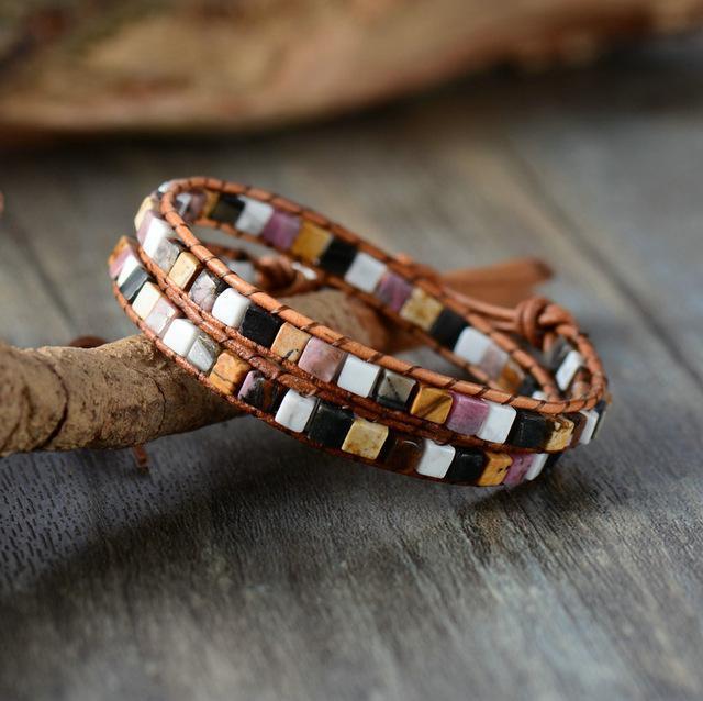 Natural Jasper Stone Leather Bracelet - 6 Colors