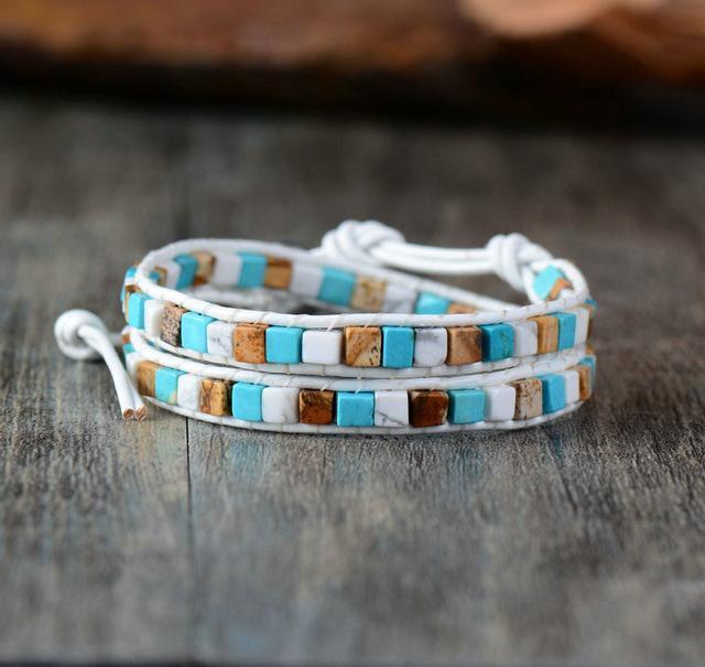 Natural Jasper Stone Leather Bracelet - 6 Colors