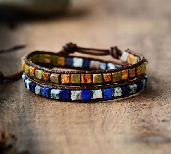 Natural Jasper Stone Leather Bracelet - 6 Colors