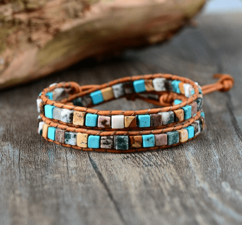 Natural Jasper Stone Leather Bracelet - 6 Colors