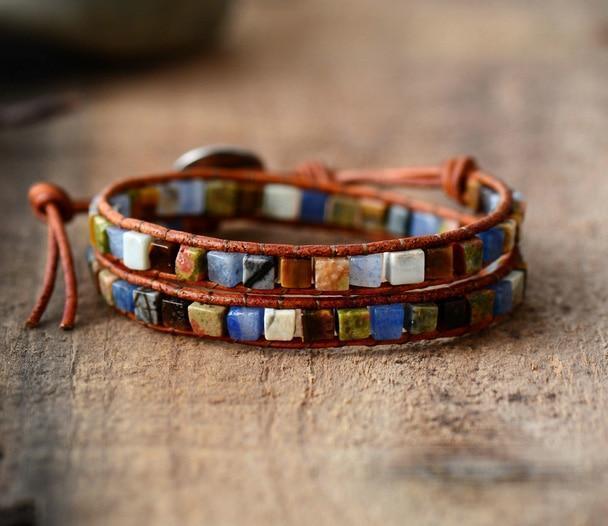 Natural Jasper Stone Leather Bracelet - 6 Colors