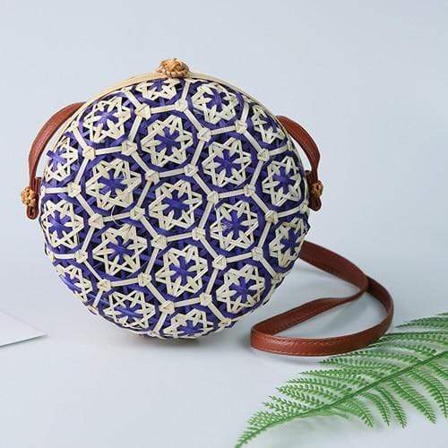 Round Colorful Flower Pattern Rattan Bag