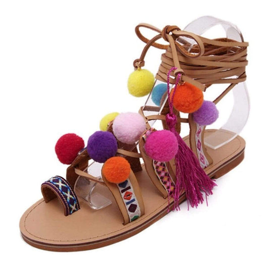 Embroidered Tie Up Pom Pom Sandals