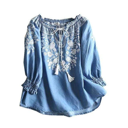 Floral Embroidered Denim Blouse