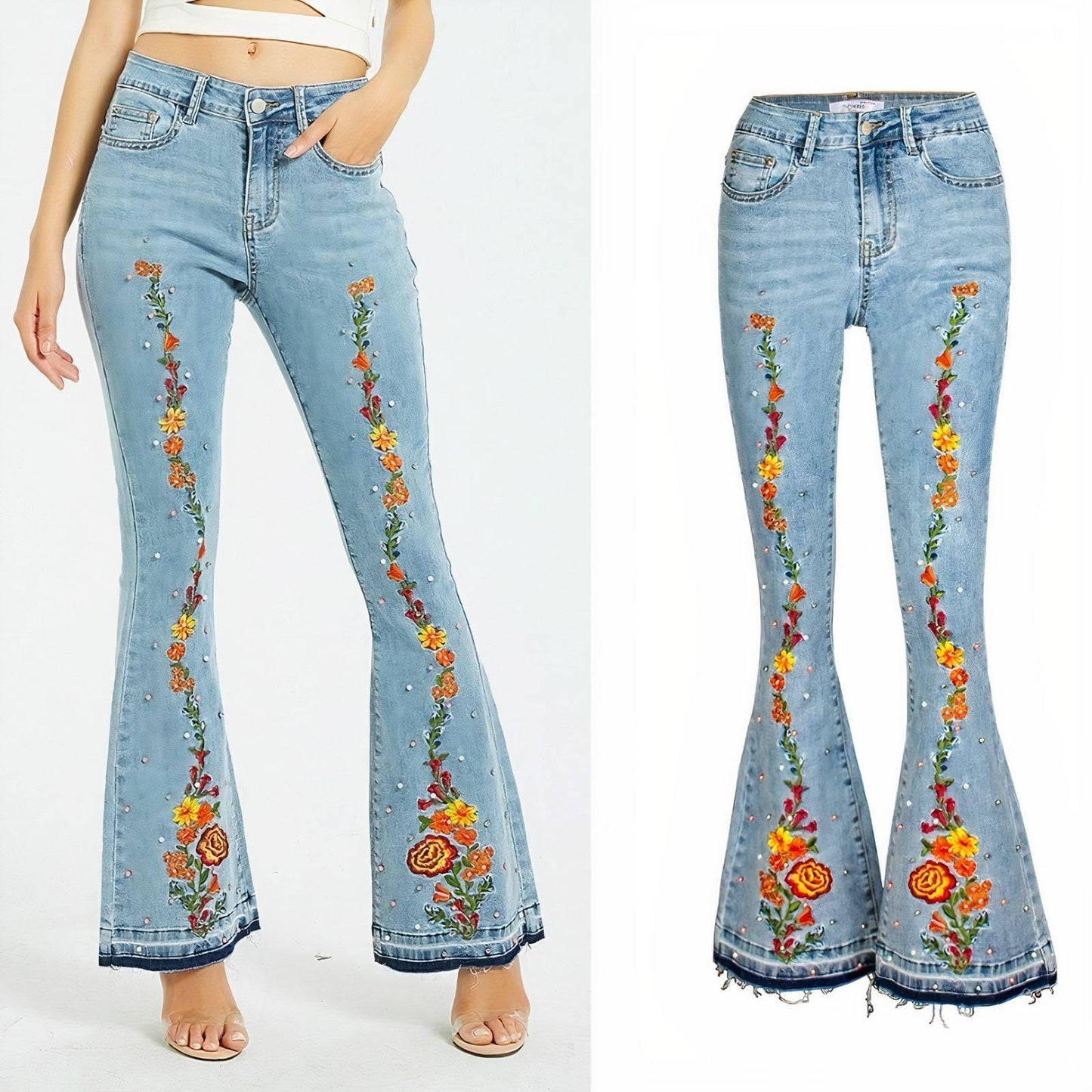 Floral Embroidery Flare Jeans