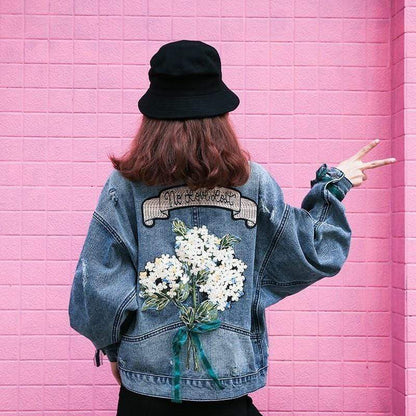 Flower Bouquet Embroidery Detail Denim Jacket