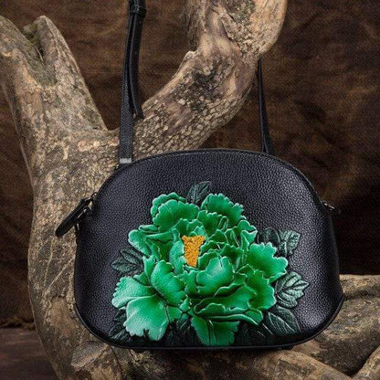 Embossed Flower Leather Crossbody Bag