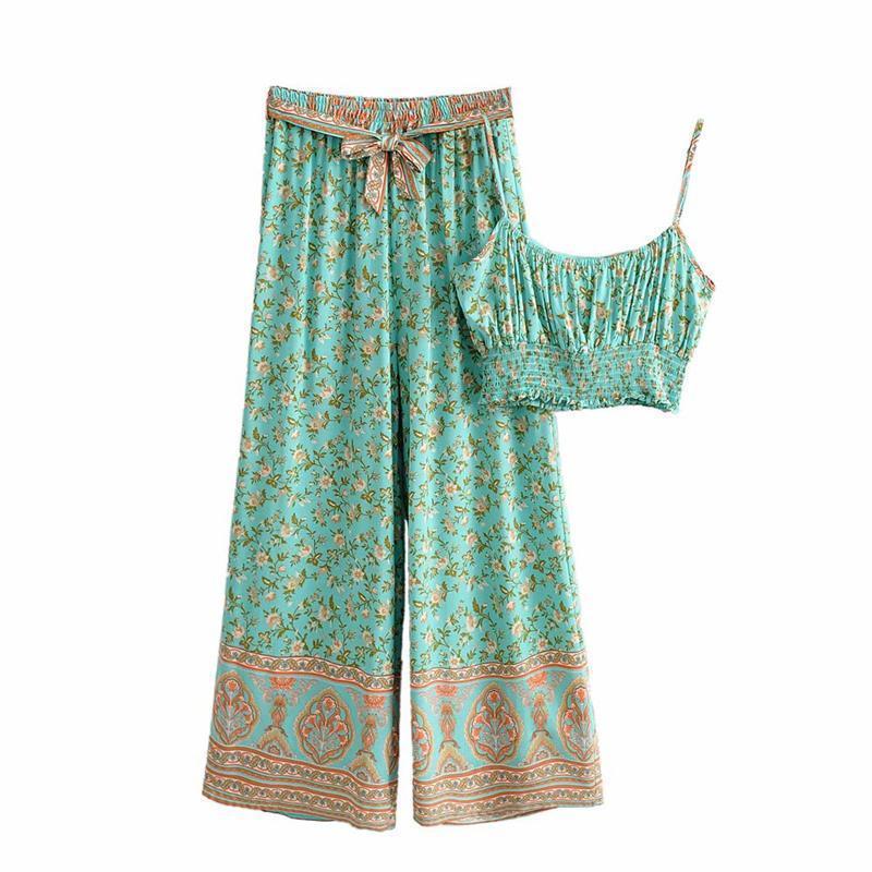 Green Floral Matching Cotton Pant Set