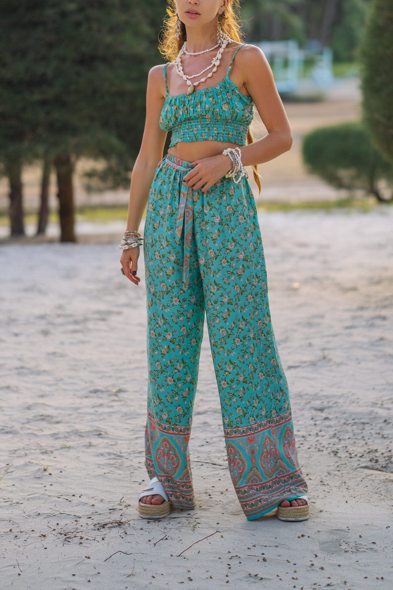 Green Floral Matching Cotton Pant Set