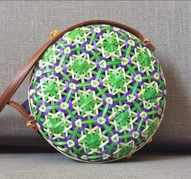 Round Colorful Flower Pattern Rattan Bag