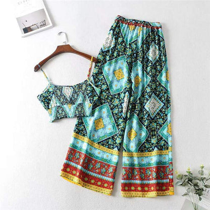 Green Tribal Print Shirred Cami Top & Belted Trousers