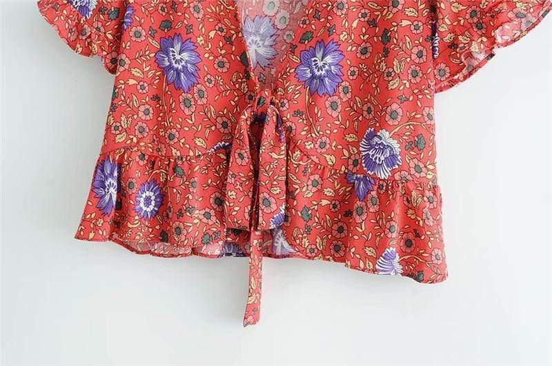 Ida Floral Tie Front Blouse in Red