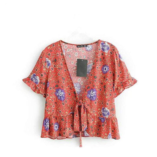 Ida Floral Tie Front Blouse in Red