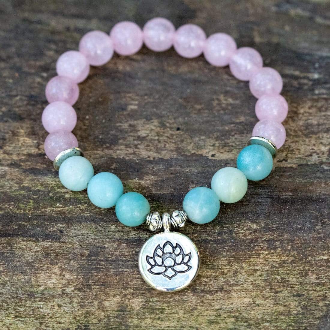 Natural Rose Quartz & Amazonite Gemstone Bead Mala Bracelet