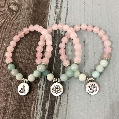 Natural Rose Quartz & Amazonite Gemstone Bead Mala Bracelet