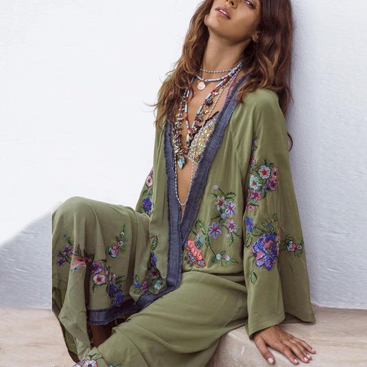 National Style Embroidered Cover-Up Kimono