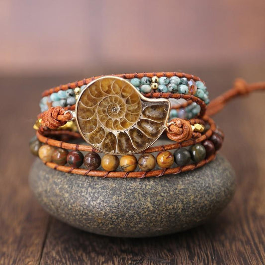 Natural Ammonite Fossil Jasper & African Turquoise Wrap Bracelet