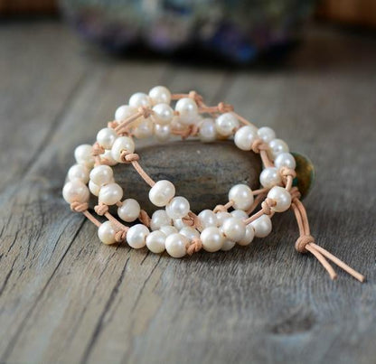 Natural Genuine Freshwater White Pearl Leather Wrap Bracelet