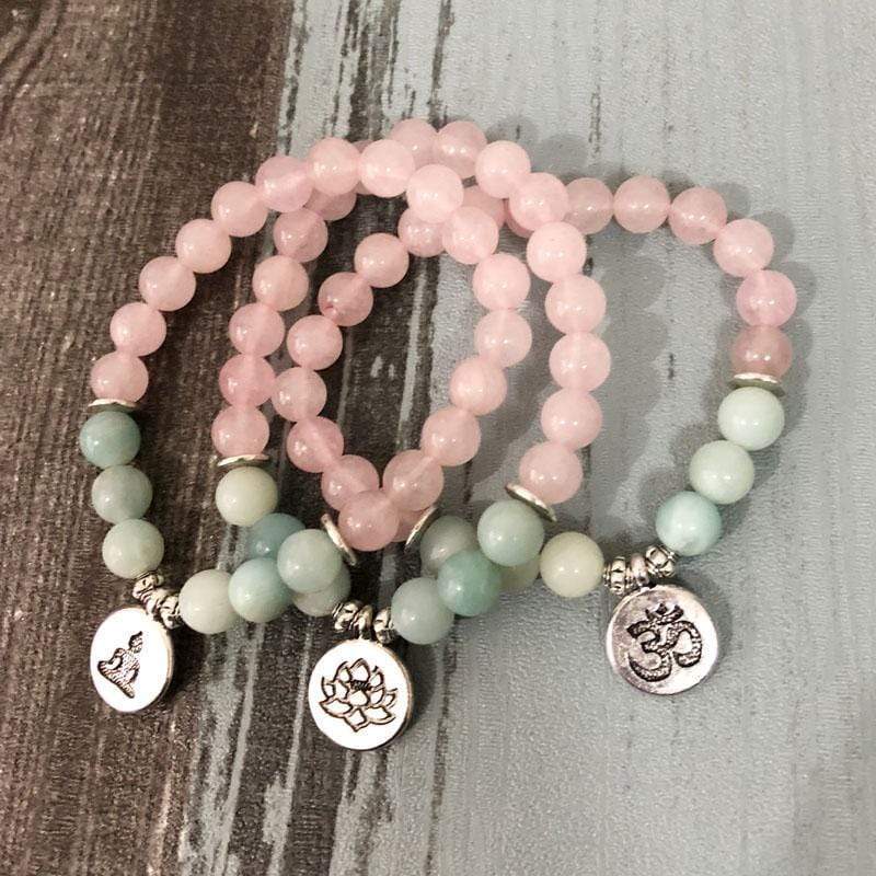 Natural Rose Quartz & Amazonite Gemstone Bead Mala Bracelet